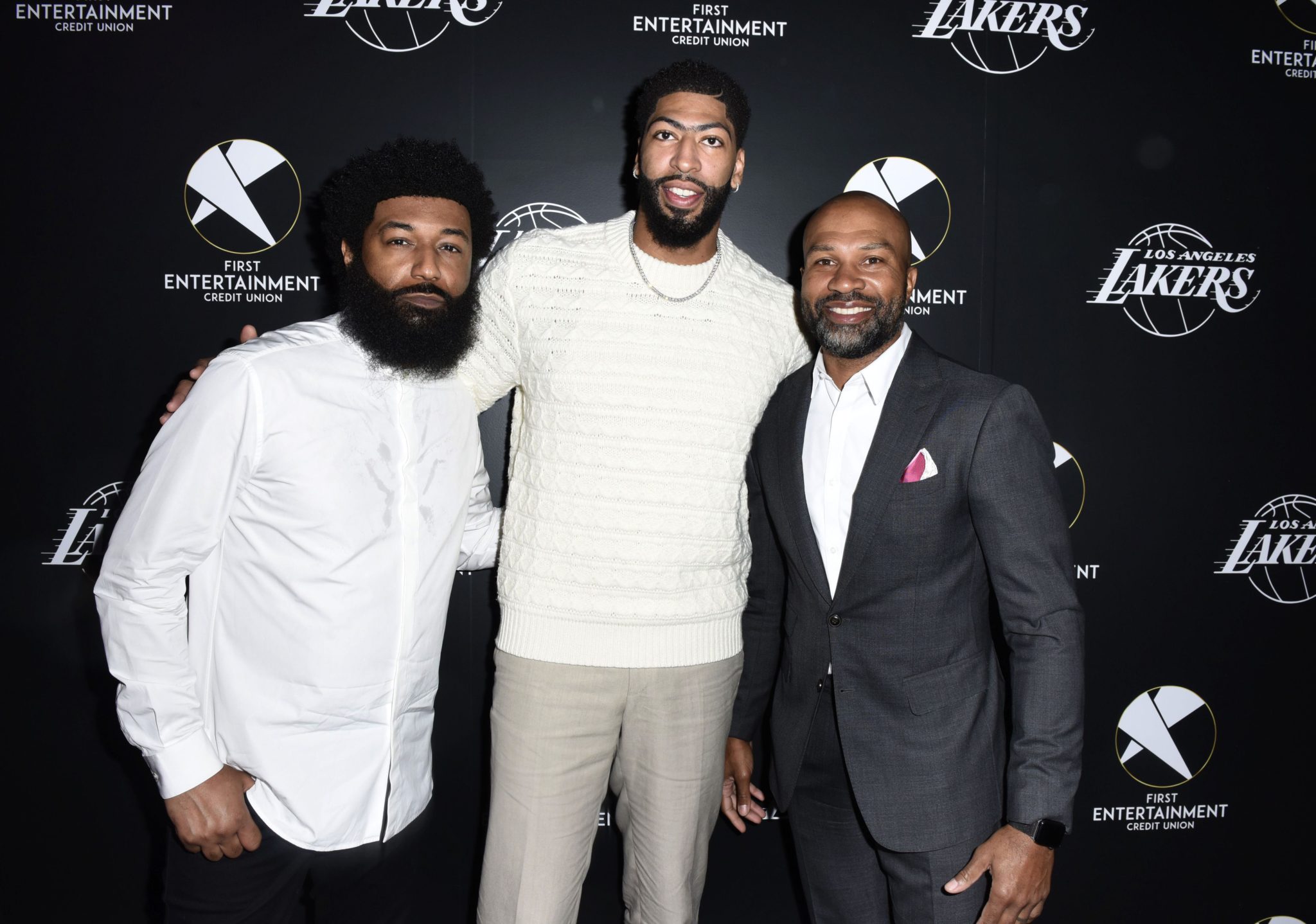 LOS ANGELES, CALIFORNIA - MARCH 4: First Entertainment CMO Amondo Redmond, Lakers star Anthony Davis and Lakers legend  Derek Fisher attend the First Entertainment x Los Angeles Lakers and Anthony Davis Partnership Launch Event at The Theatre at Ace Hotel on March 4, 2020 in Los Angeles, California.  (Photo by Vivien Killilea/Getty Images for First Entertainment)
